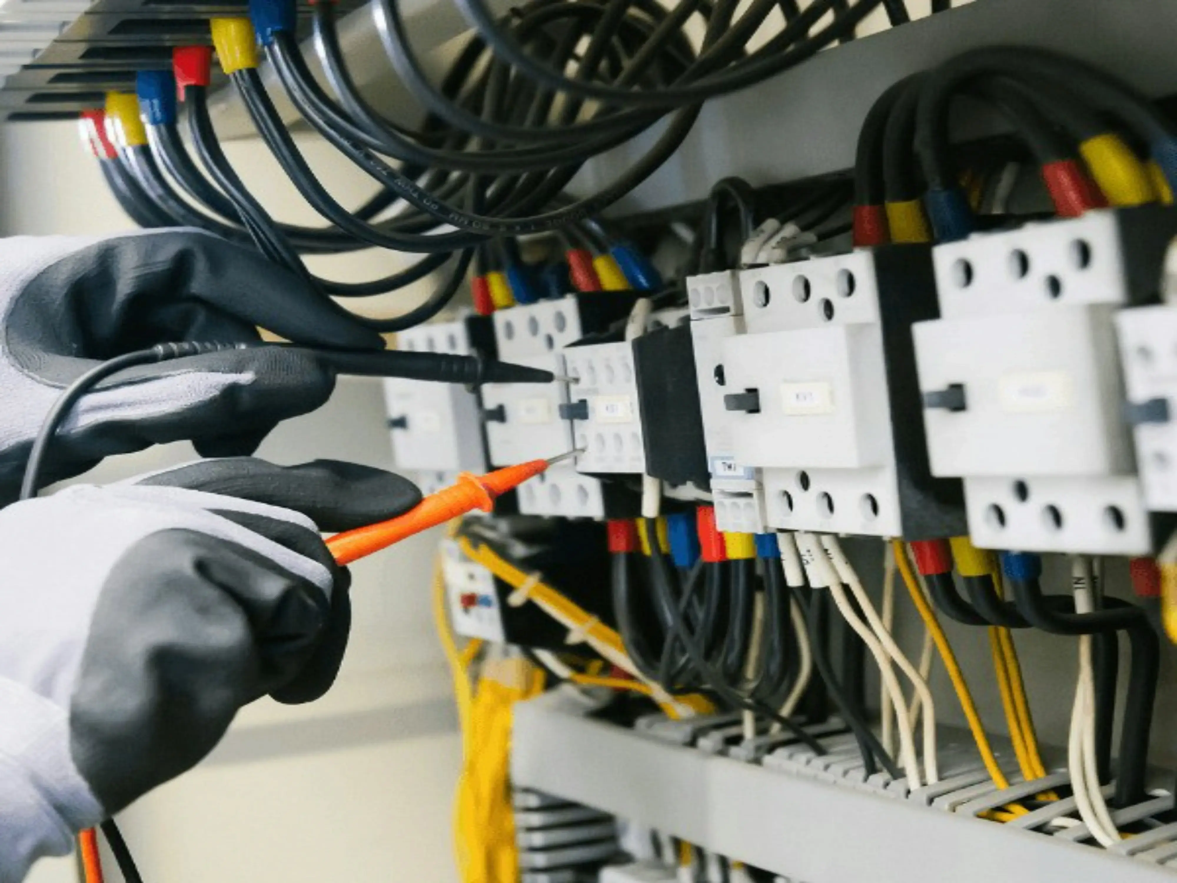 Elettricista con guanti isolanti che misura la tensione su un quadro elettrico con il tester
