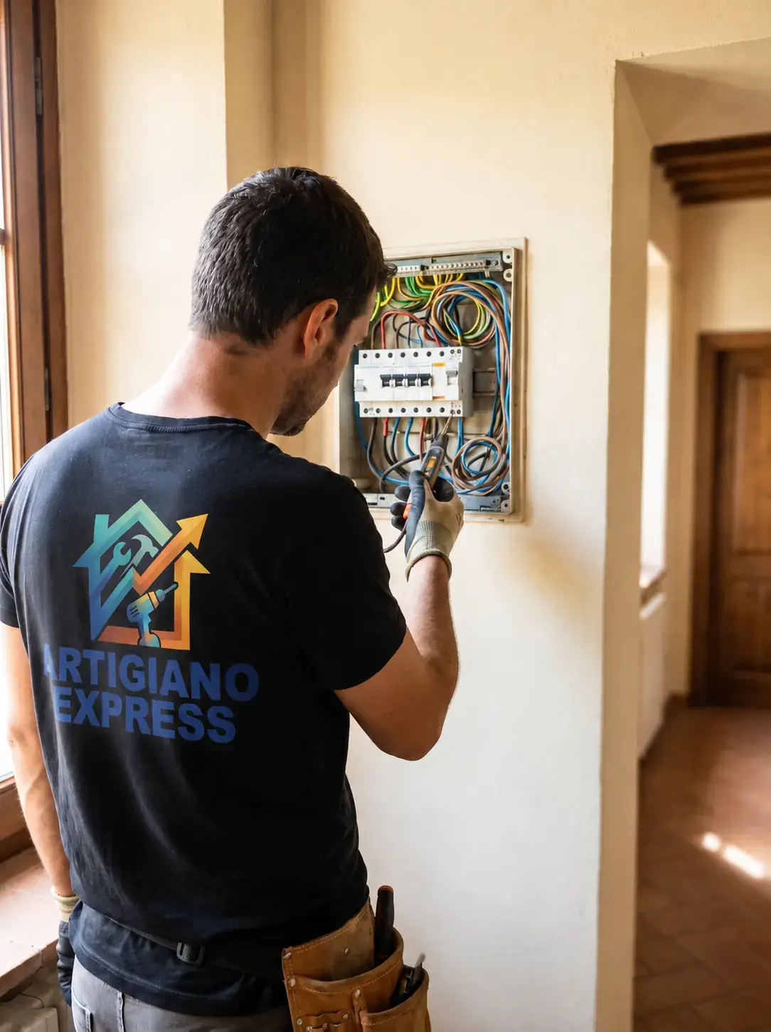 Elettricista al lavoro sul quadro elettrico di casa, con il tester in mano per trovare il guasto