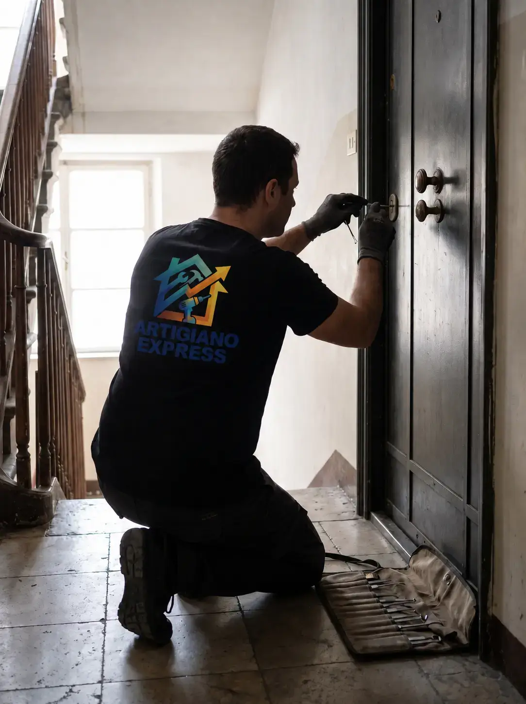 Fabbro che apre la serratura di una porta blindata senza forzarla, con la borsa degli attrezzi a terra