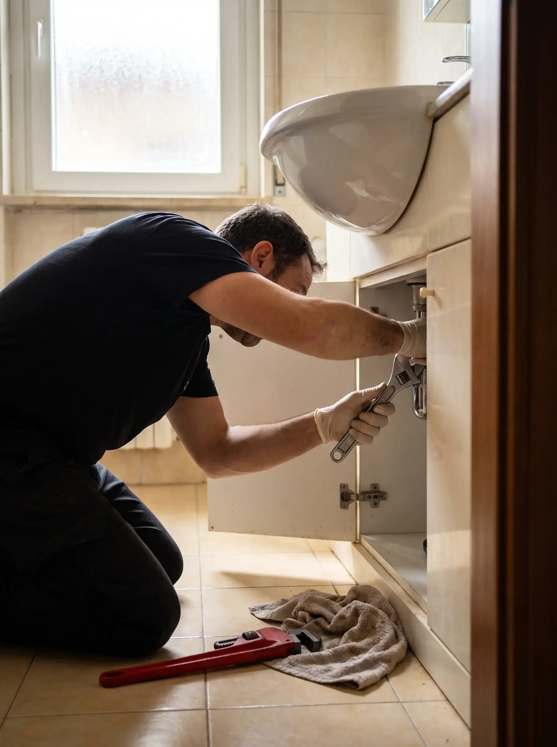 Idraulico che sostituisce il sifone sotto il lavandino del bagno con la chiave regolabile